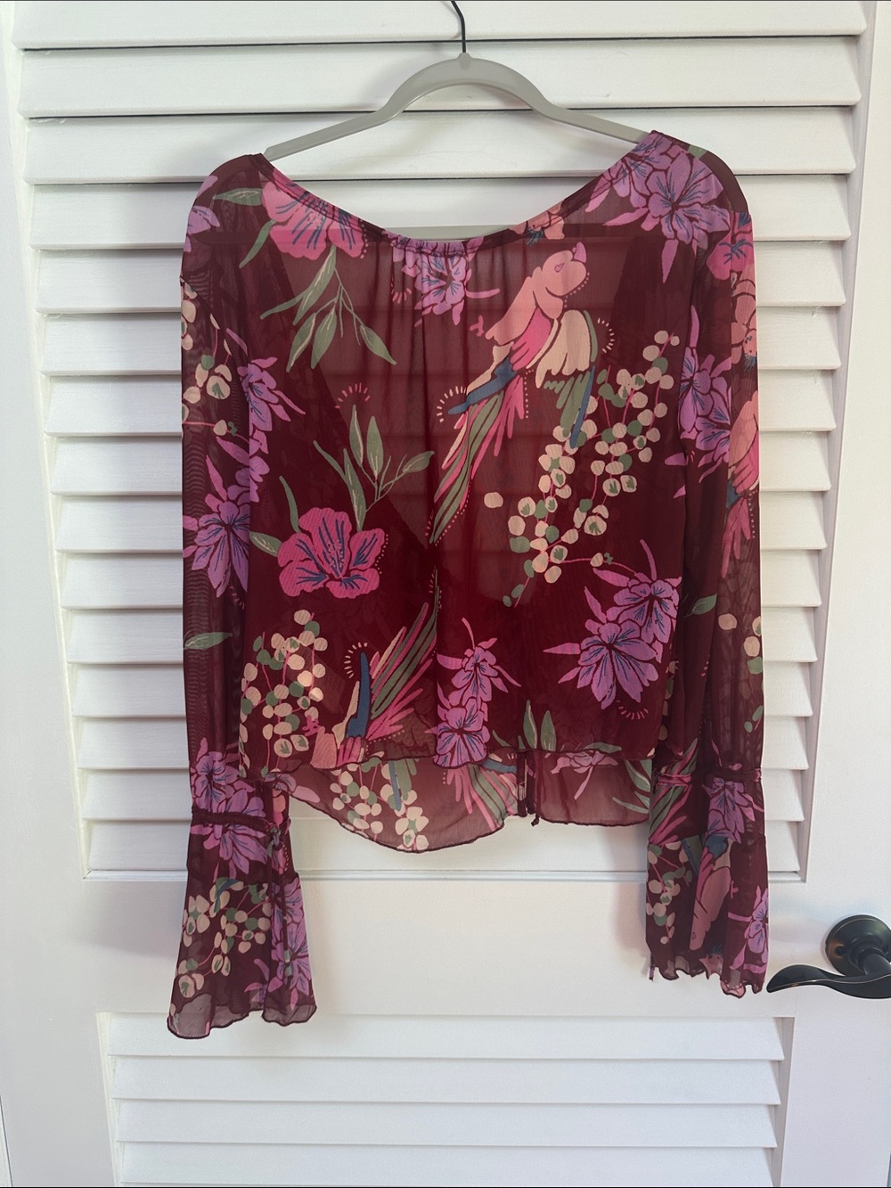 Free People Burgundy Sheer Floral Tie-Front Blouse - Picture 3 of 5